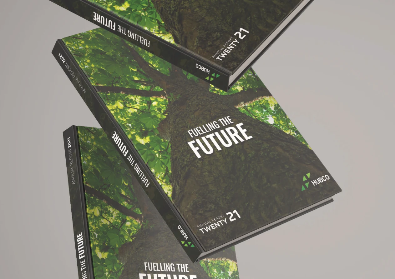 HUBCO annual report design with green forest imagery