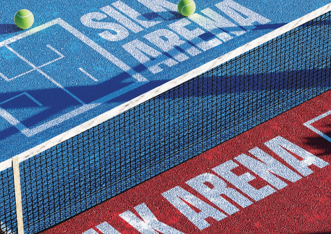 Silk Arena identity across a blue and red sports court